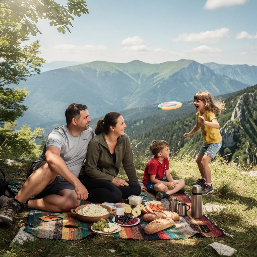 A family enjoying a picnic in a picturesque meadow, with mountain peaks in the background, ideal for recreational sports.